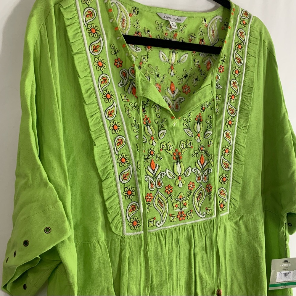 NWT John Mark Lime Green Embroidered Short Sleeve Boho Tunic Top, Size L - Picture 11 of 13